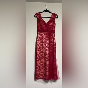 JJ's House Burgundy 
Sheath/Column Tea-Length
Tulle Cocktail Dress Ruffle
Sz4